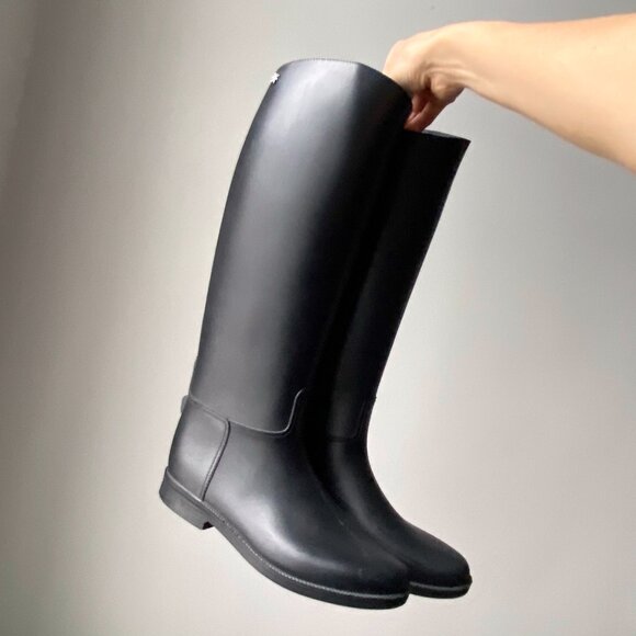 🍂 Vintage Méduse Black PVC Knee-High Minimalist Equestrian Riding Rain Boots - Picture 2 of 10